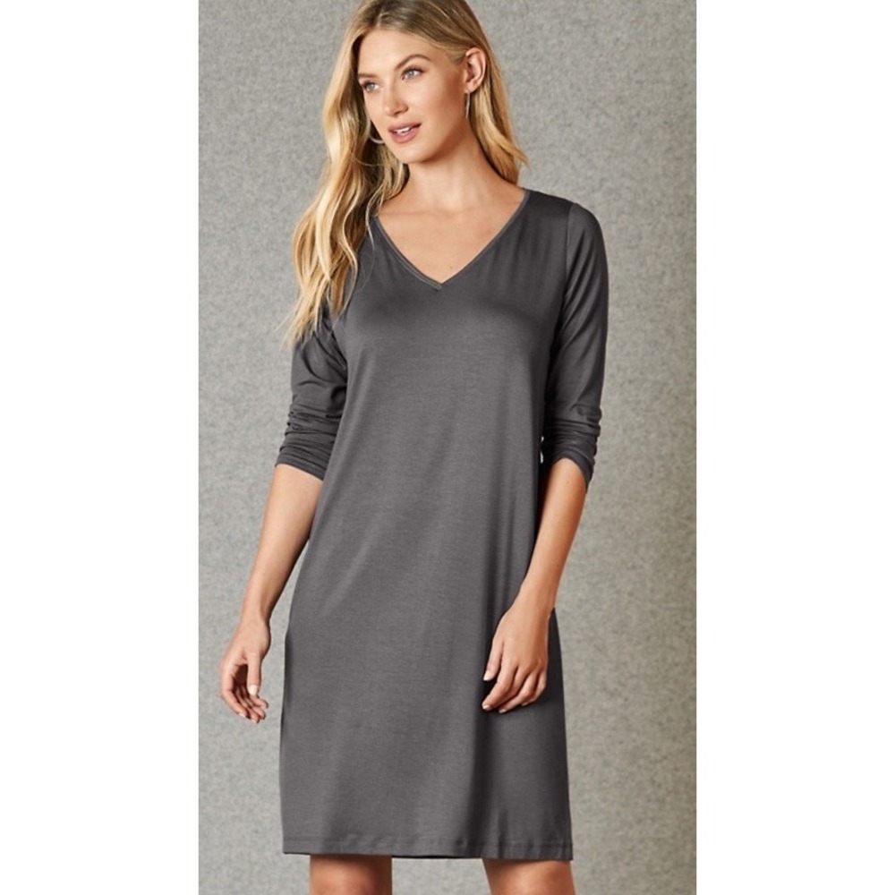 Eileen Fisher Womens Small/petite V Neck‎ Grey Stretch Dress Long Sleeve
